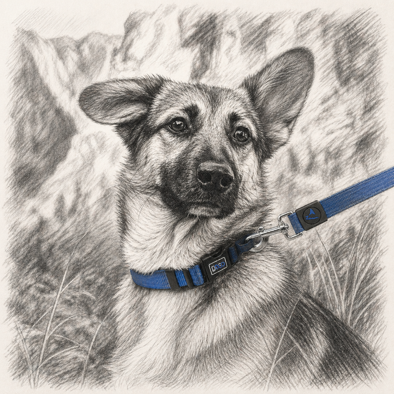 Pencil drawing of a dog wearing a blue collar with a tag, set against a natural background.